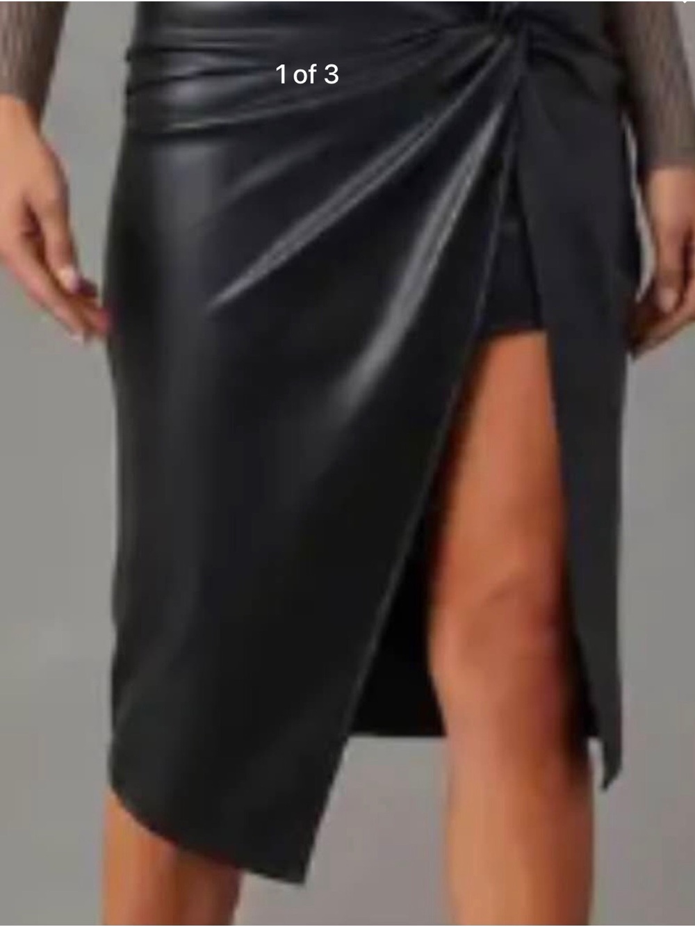 Black Faux-Leather Midi Skirt with Front Slit size 14 ladies